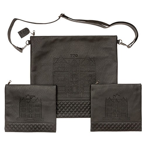 3-Piece Tallit and Tefillin Bags, Chabad Lubavitch 770 Design - Faux Leather