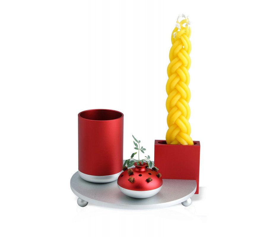 4-Piece Anodized Aluminum Havdalah Set in Red and Silver- Dabbah Judaica