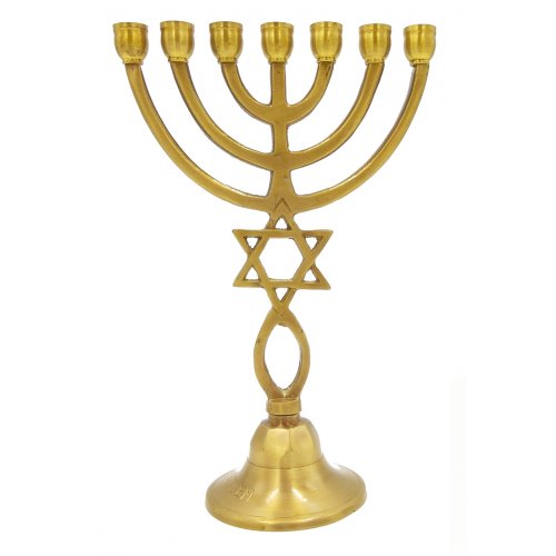 7 Branch Menorah with Star of David and Grafted In Fish Symbol, Dark Gold Brass  9