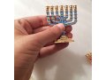 7-Branch Miniature Menorah with Judaic Symbols, Gold and Blue - 2.7