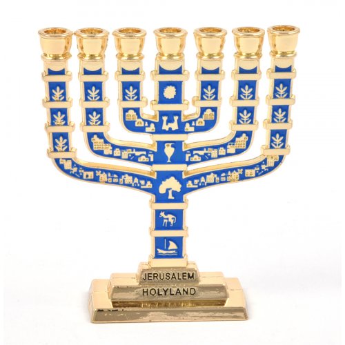 7-Branch Miniature Menorah with Judaic Symbols, Gold and Blue - 2.7