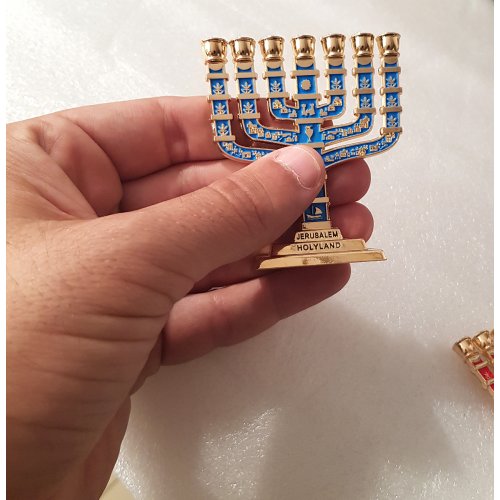 7-Branch Miniature Menorah with Judaic Symbols, Gold and Blue - 2.7