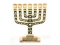 7-Branch Miniature Menorah with Judaic Symbols, Gold and Dark Green - 2.7