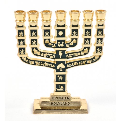 7-Branch Miniature Menorah with Judaic Symbols, Gold and Dark Green - 2.7