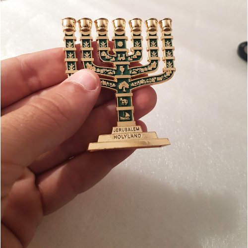 7-Branch Miniature Menorah with Judaic Symbols, Gold and Dark Green - 2.7