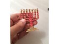 7-Branch Miniature Menorah with Judaic Symbols, Gold and Red - 2.7