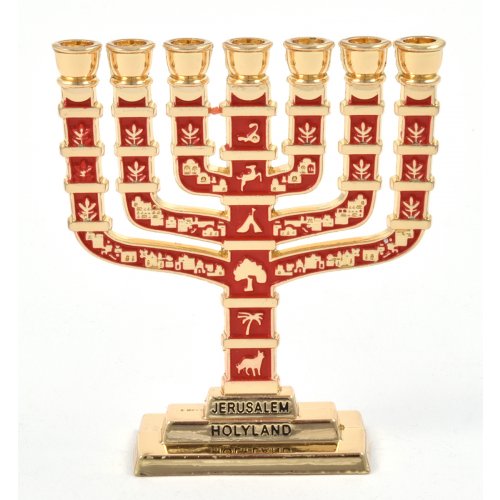 7-Branch Miniature Menorah with Judaic Symbols, Gold and Red - 2.7