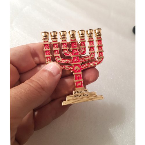 7-Branch Miniature Menorah with Judaic Symbols, Gold and Red - 2.7