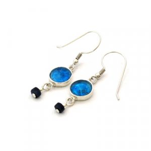 Sterling Silver Dangle Earrings with Roman Glass and Dumortierite Beads - Michal Kirat