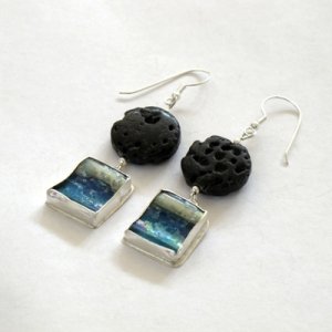 Roman Glass Dangle Earrings with Sterling Silver and Black Lava Beads  Michal Kirat