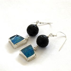 Handmade Sterling Silver Earrings, Roman Glass and Black Lava Beads - Michal Kirat