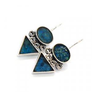 Handmade Drop Earrings, Double Roman Glass in a Circle and a Triangle - Michal Kirat