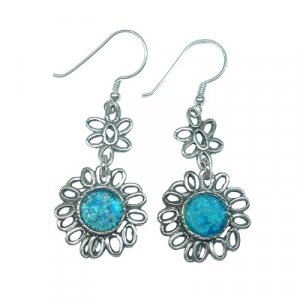 Sterling Silver Dangle Earrings with Roman Glass Set in Flower Frame - Michal Kirat