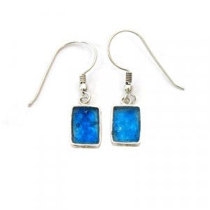 Small Sterling Silver Drop Earrings with Roman Glass in a Rectangle - Michal Kirat