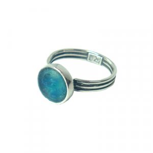 Sterling Silver Ring with Small Round Roman Glass in Smooth Silver Frame - Michal Kirat