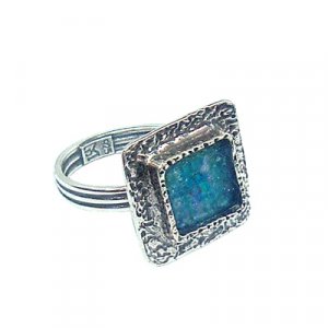 Square Textured Sterling Silver Ring, with Roman Glass, Adjustable Band - Michal Kirat