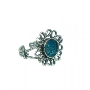 Sterling Silver Ring with Round Roman Glass Center and Petal Design - Michal Kirat