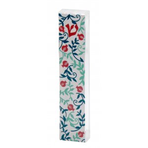 Lucite Mezuzah Case with Turquoise and Red Pomegranates - Dorit Judaica