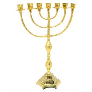 Decorative Seven Branch Menorah, Gleaming Gold Brass  16"