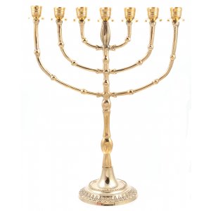 Gleaming Gold Brass Seven Branch Menorah, Bead Decoration - 15"