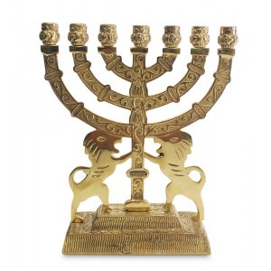 Decorative Seven Branch Menorah with Prancing Lions, Gold Colored Brass  9