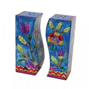 Hand-Painted Vibrant Flower Wood Fitted Salt & Pepper Shaker - Yair Emanuel