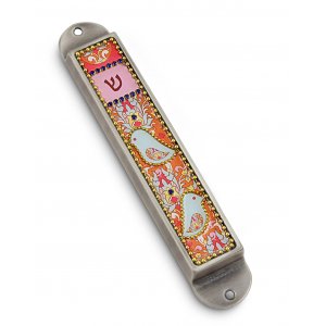 Handcrafted Pewter & Enamel Beaded Colorful Mezuzah Case, Love Birds - Iris Design