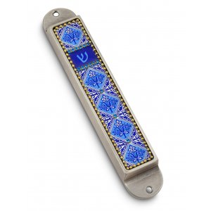 Handcrafted Pewter & Enamel Beaded Mezuzah Case, Blue Flowers - Iris Design