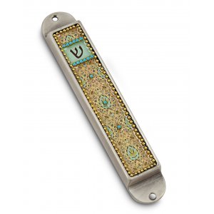 Handcrafted Pewter & Enamel Beaded Mezuzah Case, Flowers in Geometrics - Iris Design