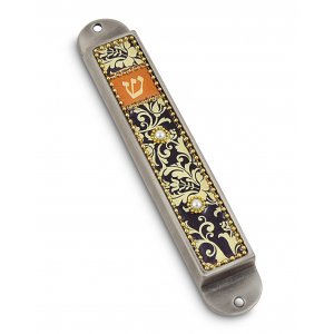 Handcrafted Pewter & Enamel Beaded Mezuzah Case, Florals on Black - Iris Design