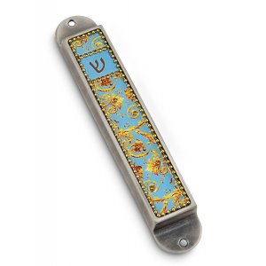 Handcrafted Pewter & Enamel Beaded Mezuzah Case, Golden Swirls - Iris Design