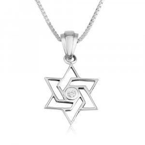 Pendant Necklace, Angular Star of David with Crystal Center - Sterling Silver