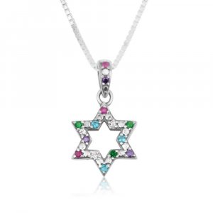 Sterling Silver Star of David Pendant Necklace  Colorful Crystals