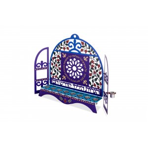 Window Menorah with Pomegranates & Hebrew Song Words, For Candles - Dorit Judaica