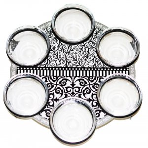 Rosh Hashanah Special Foods Simainim Dish, Black & White Leaf Design - Dorit Judaica