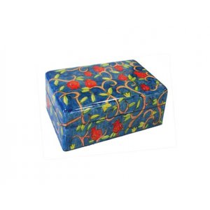 Hand Painted Small Wood Jewelry Box, Leafy Pomegranates - Yair Emanuel