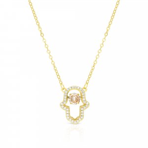 Sterling Silver Necklace, Yellow Gold Plated  Hamsa Hand Pendant with Zircons