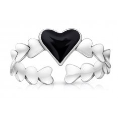 Adjustable Ring of Hearts with Black Heart in Center - Sterling Silver