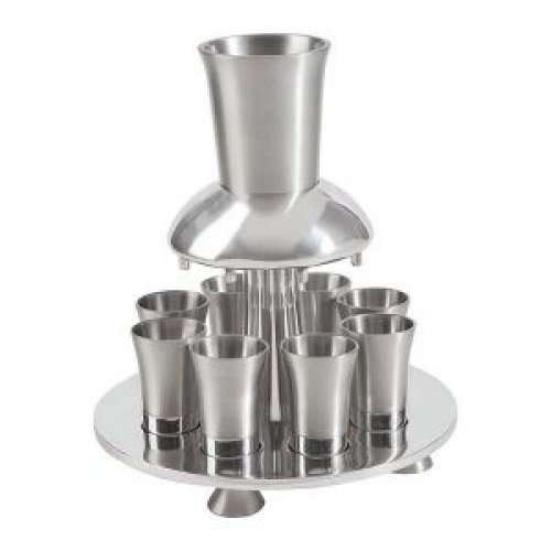 Aluminum Kiddush Fountain with Goblet, 8 Cups & Tray, Silver - Yair Emanuel