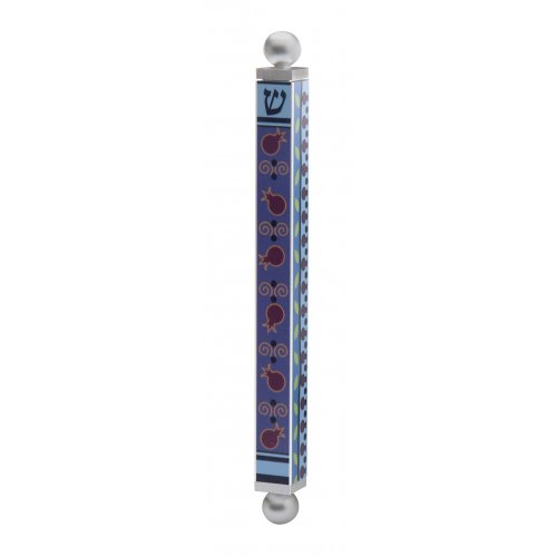 Aluminum Mezuzah Case Blue and Red Pomegranate Design - Dorit Judaica