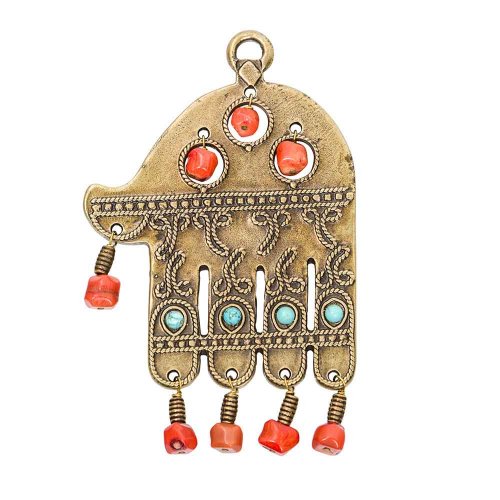 Ancient Brass Wall Good Luck Hamsa, Colored Beads - Replica of Israel Museum Item