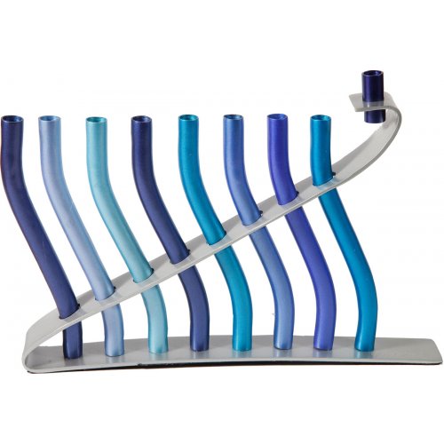 Anodized Aluminum Hanukkah Menorah Lyre Image, Shades of Blue - Yair Emanuel