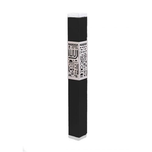 Anodized Aluminum Mezuzah Case Cutout Jerusalem Band, Black - Yair Emanuel