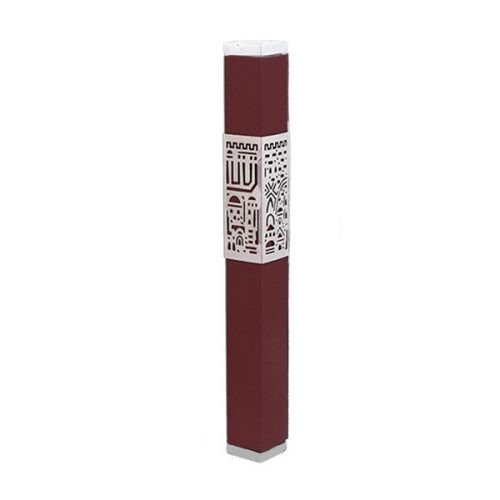 Anodized Aluminum Mezuzah Case Cutout Jerusalem Band, Maroon - Yair Emanuel