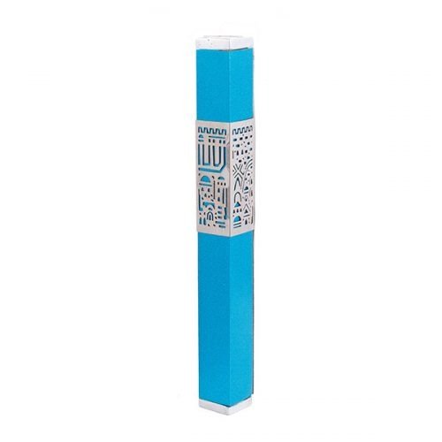 Anodized Aluminum Mezuzah Case Cutout Jerusalem Band, Turquoise - Yair Emanuel