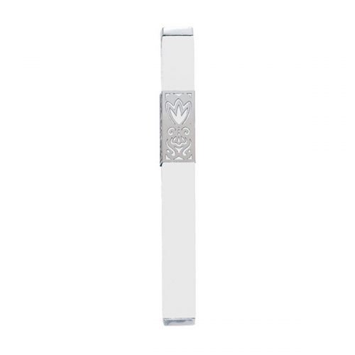 Anodized Aluminum Mezuzah Case Decorative Flower, White - Yair Emanuel