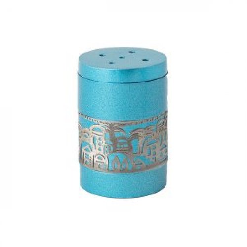 Anodized Aluminum Salt Shaker with Cutout Jerusalem Band, Turquoise - Yair Emanuel