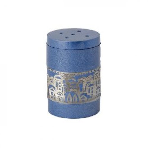 Anodized Aluminum Salt Shaker with Decorative Jerusalem Band, Blue - Yair Emanuel