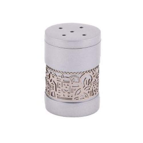 Anodized Aluminum Salt Shaker with Decorative Jerusalem Band, Silver - Yair Emanuel