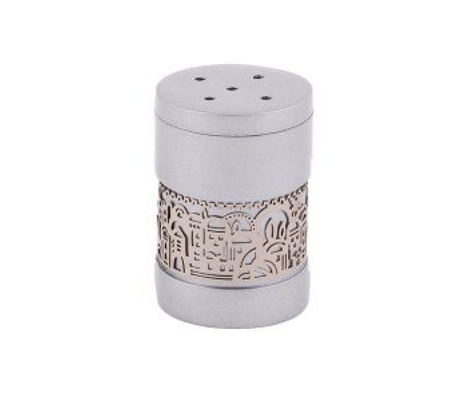 Anodized Aluminum Salt Shaker with Decorative Jerusalem Band, Silver - Yair Emanuel